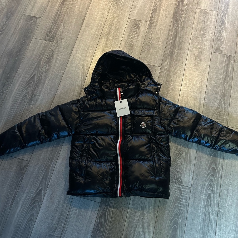 Moncler Black Puffer Jacket with Red and White Details